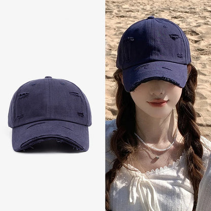 Casquette hip-hop polyvalente pour homme et femme, nouvelle collection printemps-été, à visière incurvée, style rétro, effet usé, avec trou et bord en bec de canard