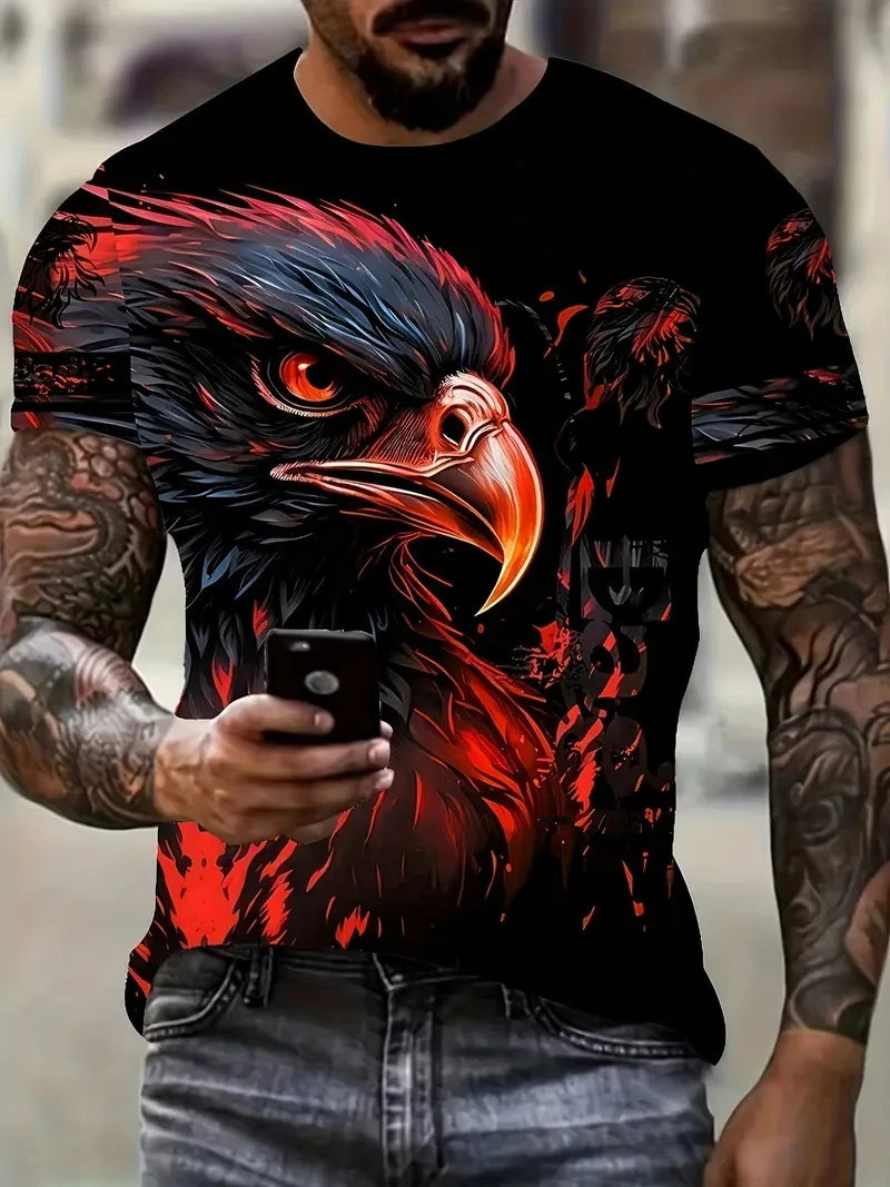 T-shirt para Homem com Novo Padrão de Águia Cool, Estampado 3D de Águia em Chamas, Streetwear de Verão, Manga Curta, Tops e T-shirts para Homem