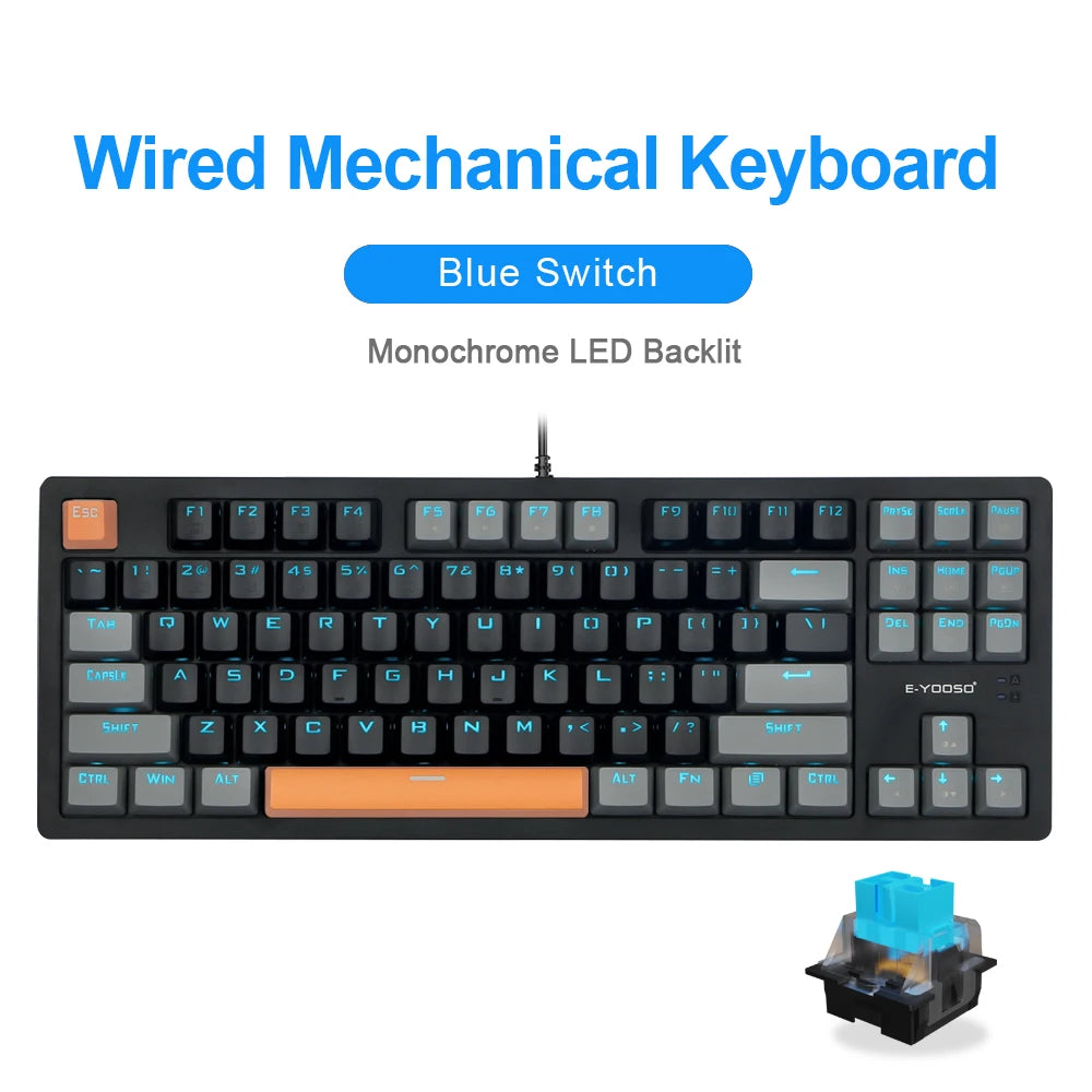 E-YOOSO K620 USB Mechanical Gaming Keyboard Wired Blue Red Switch Monochrome LED Backlit 87 Key for Compute Laptop PC