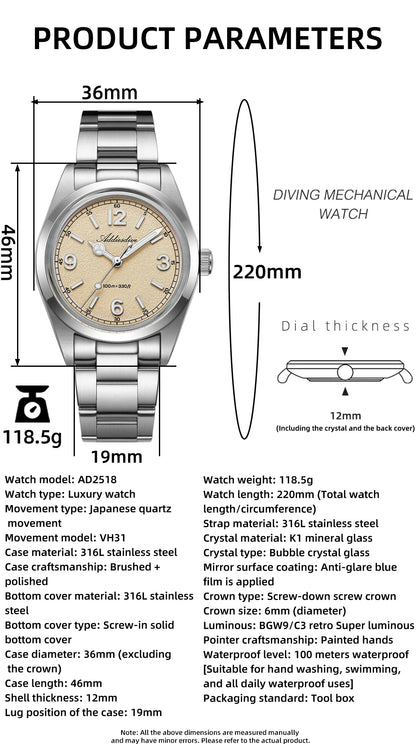 Relógio para homem ADDIESDIVE 36mm em destaque AD2518 com vidro espelhado convexo, aço inoxidável 316L, Reloj Hombre, 100m à prova de água, quartzo