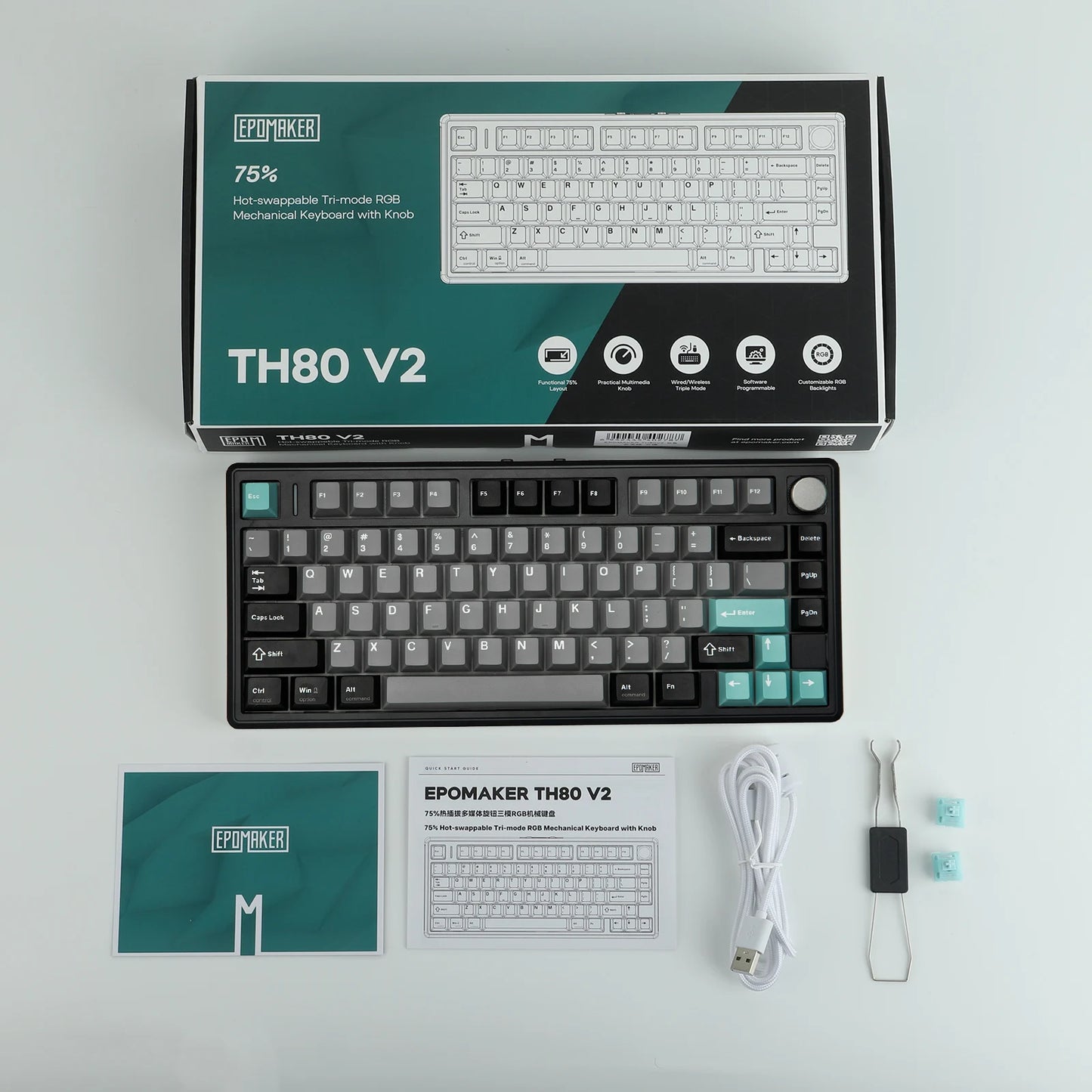 EPOMAKER TH80 V2 75% ANSI US Layout Gasket Tri-mode Wireless Mechanical Gaming Keyboard with 8000mAh Battey & RGB Backlight