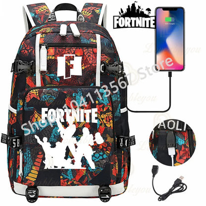 Yule Trooper F-Fortnited Battle Royale Rucksack mit USB-Ladeanschluss, Anime-Figuren, Lern- und Schreibwarenfach für Schüler