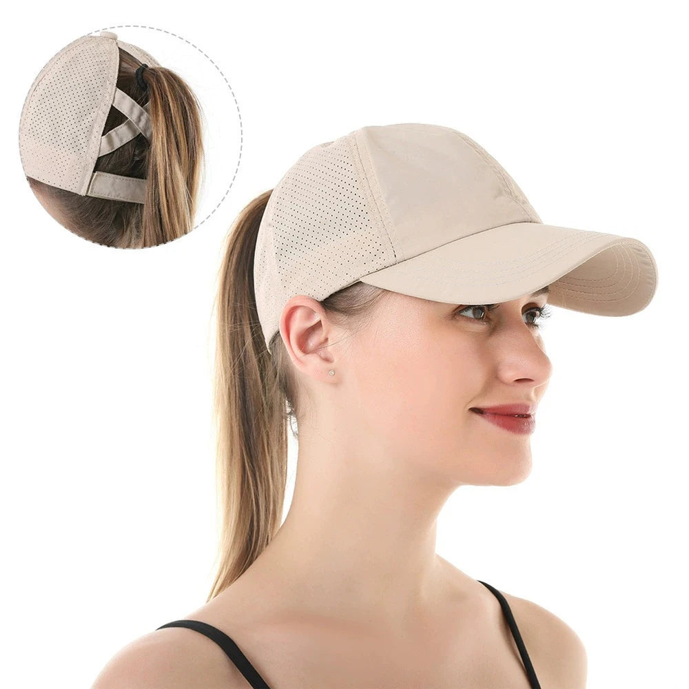 Women Summer Quick Dry Mesh Baseball Cap Solid Color Cross Ponytail Hat Athleisure