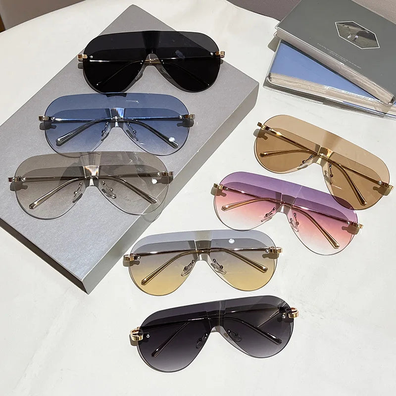 Women's Oversize Rimless One-Piece Shield Sunglasses Fashion Gradient Sun Glasses Alloy Sexy Driving Shades men punk shades