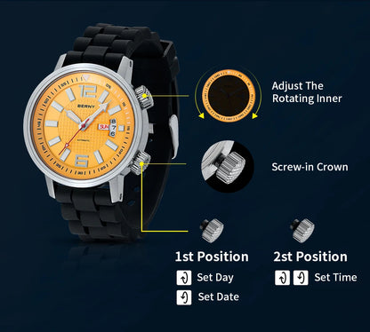 BERNY 20ATM Diver Automatic Mechanical Watch for Men Super Luminous Waterproof Swimming Dive Wristwatch Sapphire Self Winding