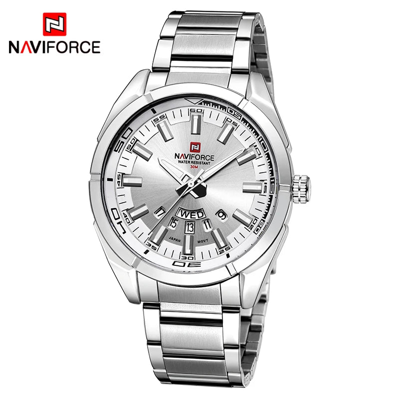 Ceas pentru bărbați NAVIFORCE, realizat integral din oțel, rezistent la apă, stil casual, mecanism cu cuarț și afișaj al datei – Ceas de mână de lux pentru bărbați, de la o marcă de renume.