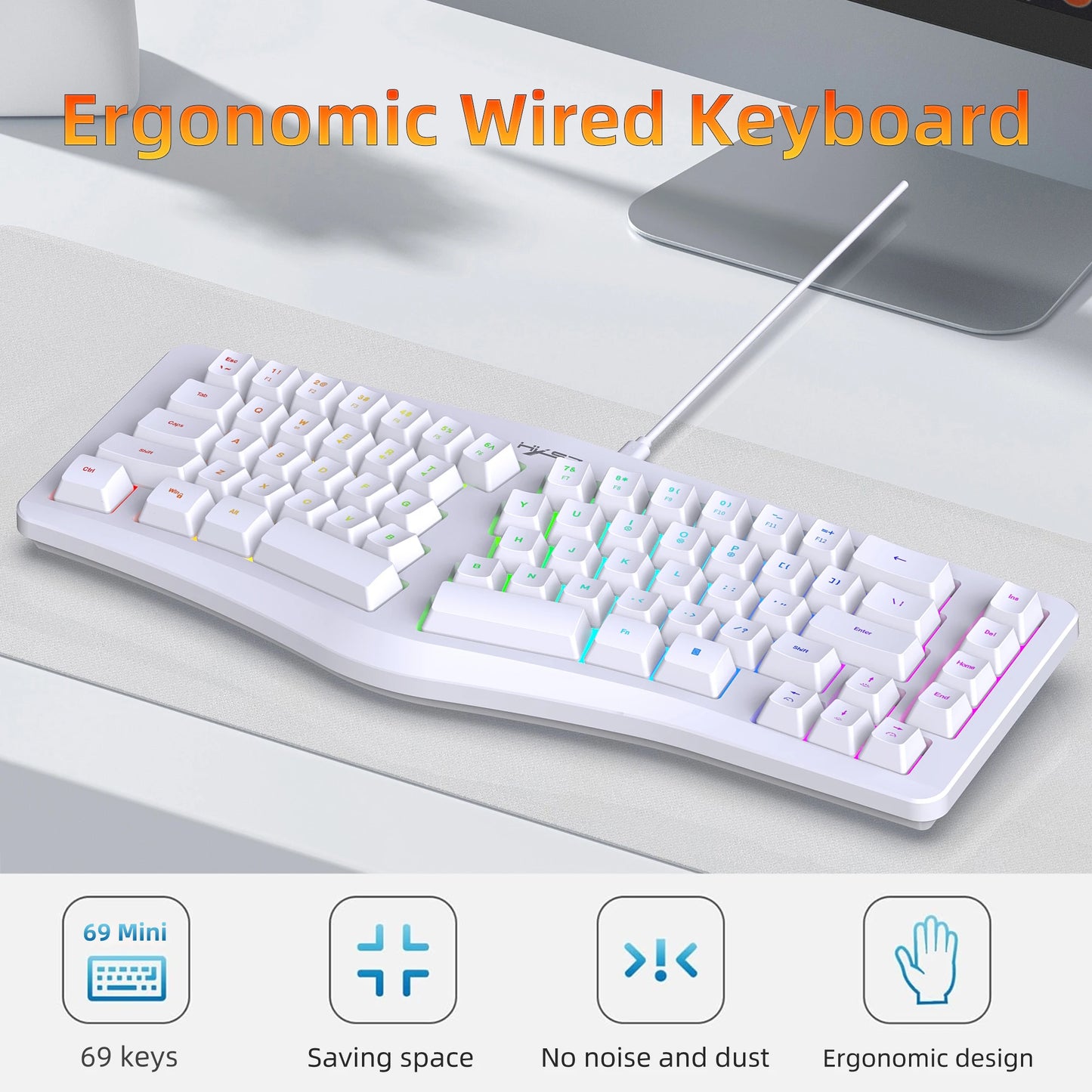 69 Key Wired Ergonomic Gaming Keyboard Silent Irregular RGB Backlit Keyboard for Windows Linux Home Office Game PC