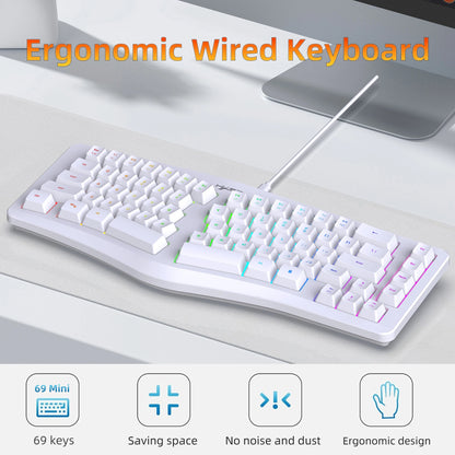 69 Key Wired Ergonomic Gaming Keyboard Silent Irregular RGB Backlit Keyboard for Windows Linux Home Office Game PC