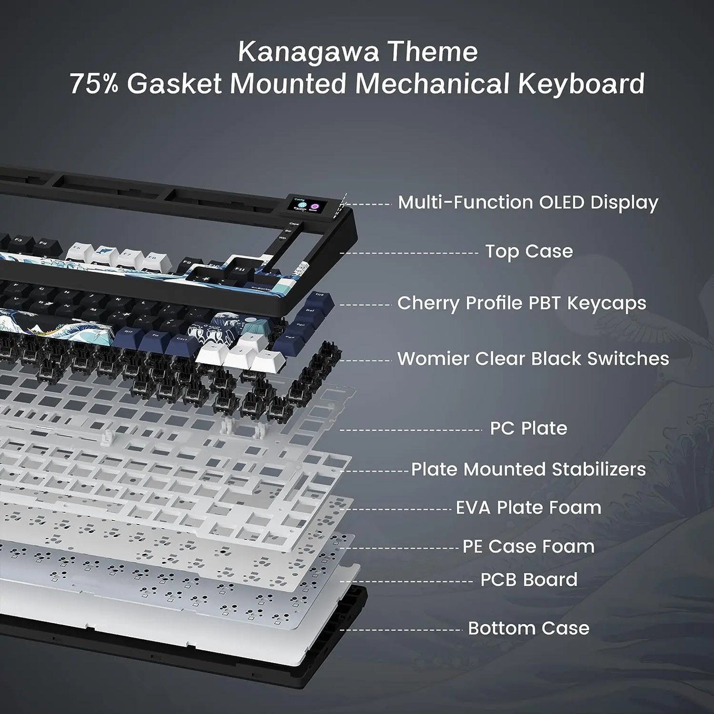 Teclado gamer Womier S-K80 com ecrã OLED a cores, teclado mecânico gaming hot-swappable com montagem gasket, teclado RGB personalizado
