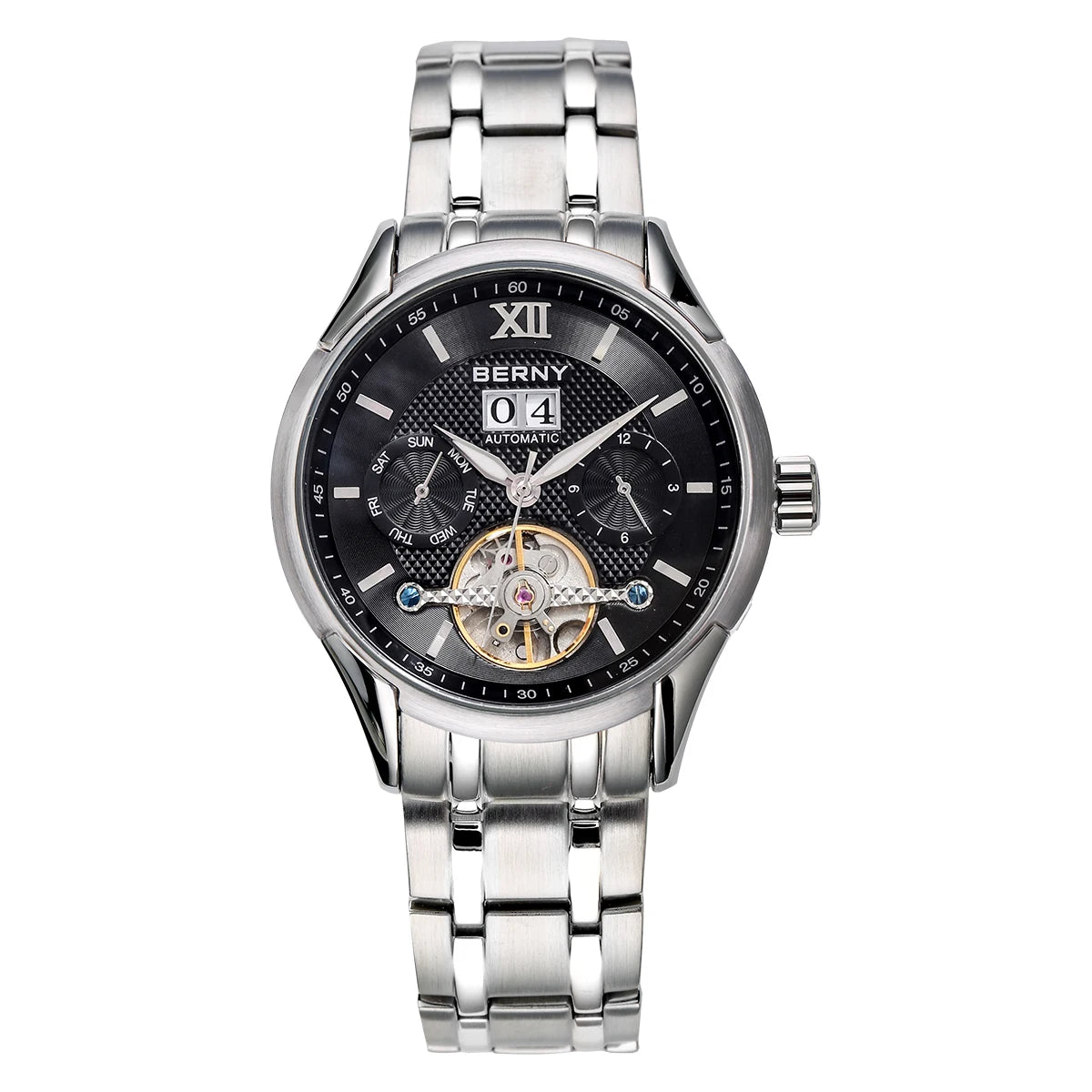 BERNY Automatic Watch for Men Auto Self-wind Mechanical Watches Date Skeleton 5ATM Luxury Male Wristwatches