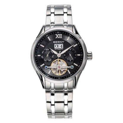 BERNY Automatic Watch for Men Auto Self-wind Mechanical Watches Date Skeleton 5ATM Luxury Male Wristwatches