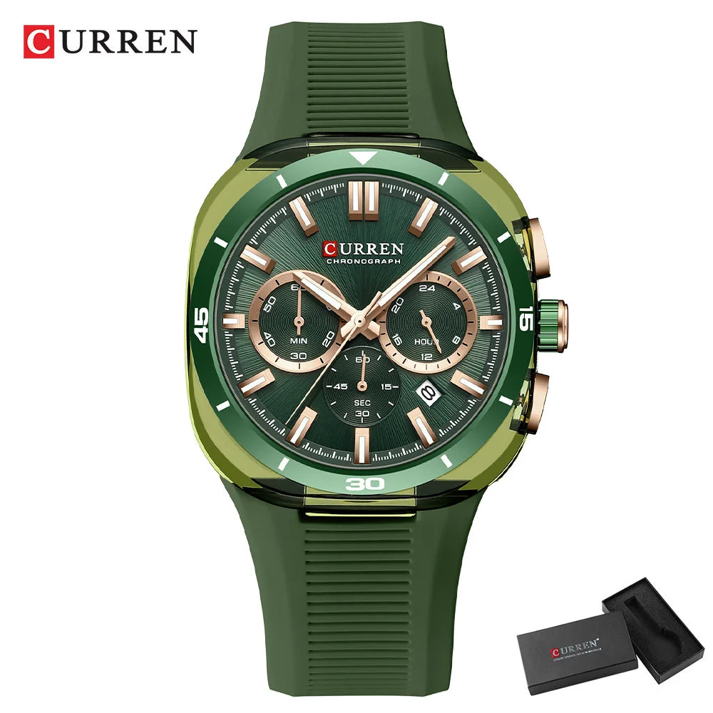 Orologio da uomo CURREN – Nuovo modello di lusso al quarzo, cinturino in silicone, stile sportivo, multifunzione, impermeabile, luminescente, con datario e cronometro.