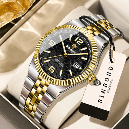 Luxus-Quarz-Armbanduhr von BINBOND, beleuchtet, wasserdicht, mit automatischem Datumsanzeige, für Herren, aus Edelstahl, im Business-, Sport-, Mode- und Freizeit-Stil.