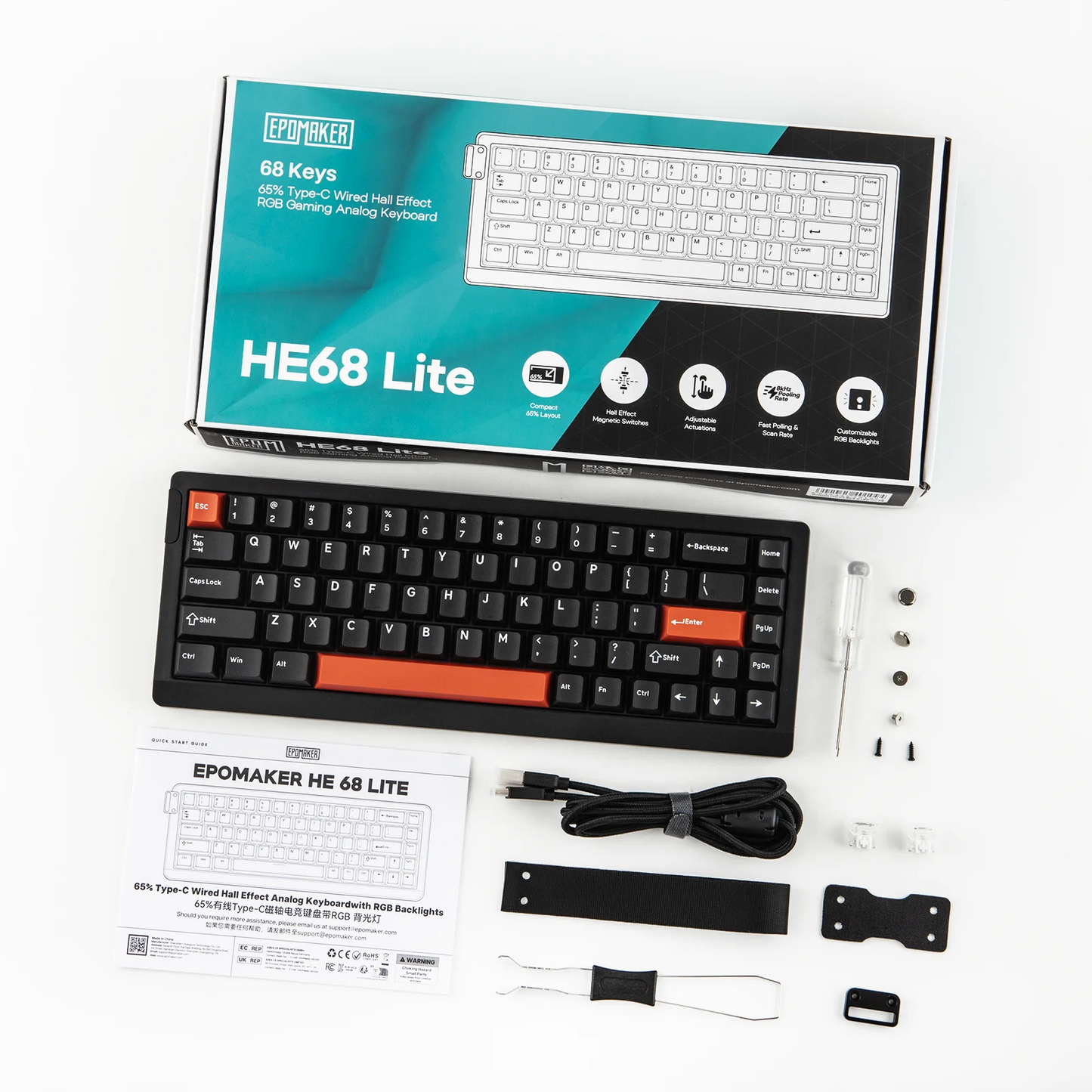 EPOMAKER HE68 Lite 65% ANSI US Layout Tray-Mounted Wired Hall Effect Magnetic Mechanical Keyboard DKS SOCD RGB Backlight