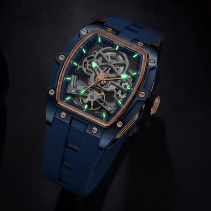 MEGIR mechanisch herenhorloge, tonvormig, opengewerkte skeletwijzerplaat, sportieve stijl, siliconen band, luxe automatisch horloge