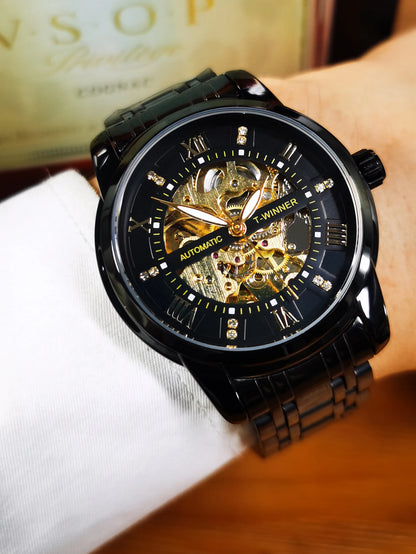 WINNER Classic Mechanical Watches Luxury Diamond Dial Black Gold Skeleton Automatic Mens Watch Stainless Steel Strap Wristwatch