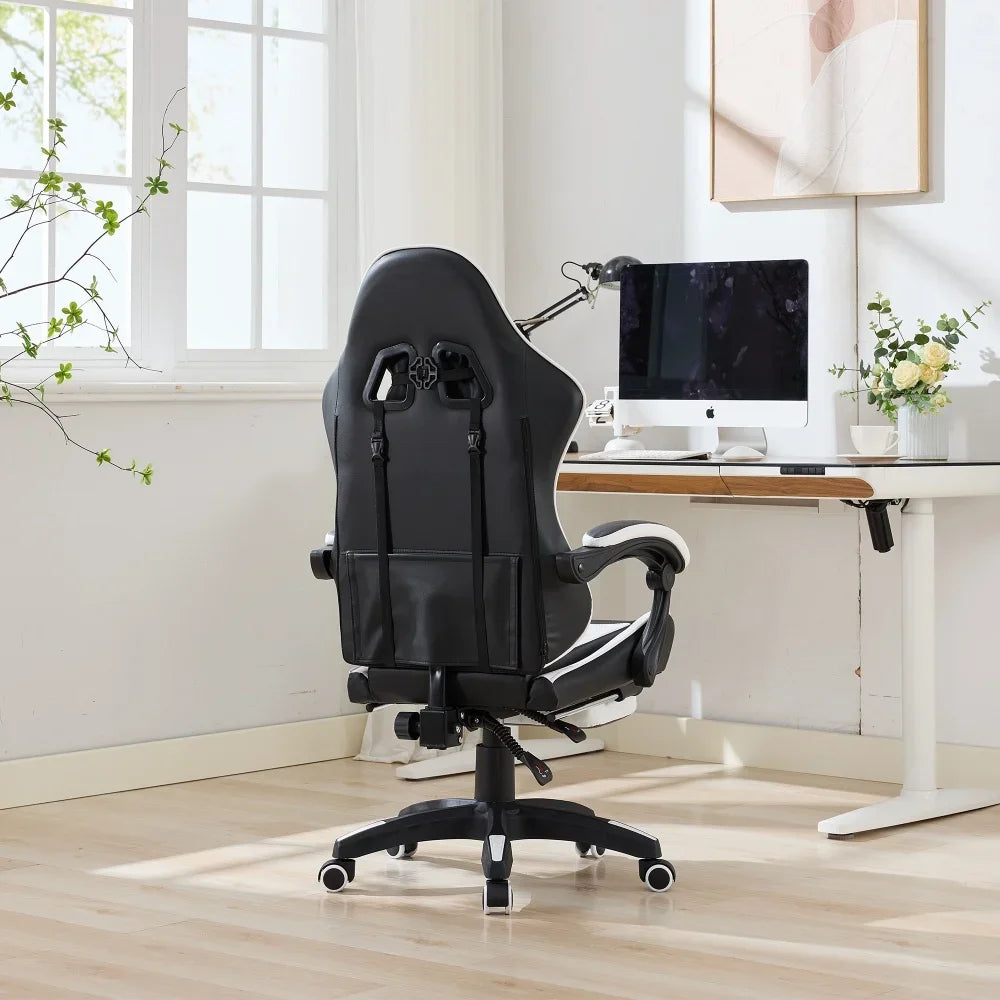 360° Swivel Ergonomic Racing Design Gaming Chair Leather High Back Office Chair Height Adjustable Task Chair, Black & White