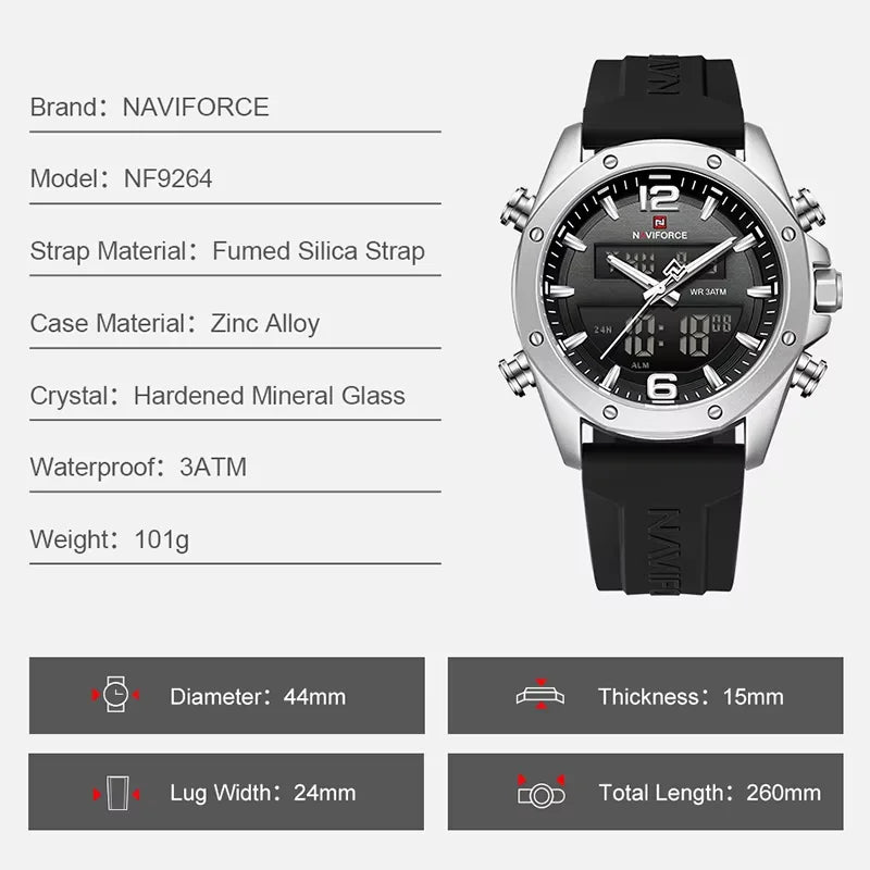 NAVIFORCE Men Quartz LCD Dual Display Watch With Silicone Strap 3ATM Waterproof Shockproof Night Light Round Case Sport Casual
