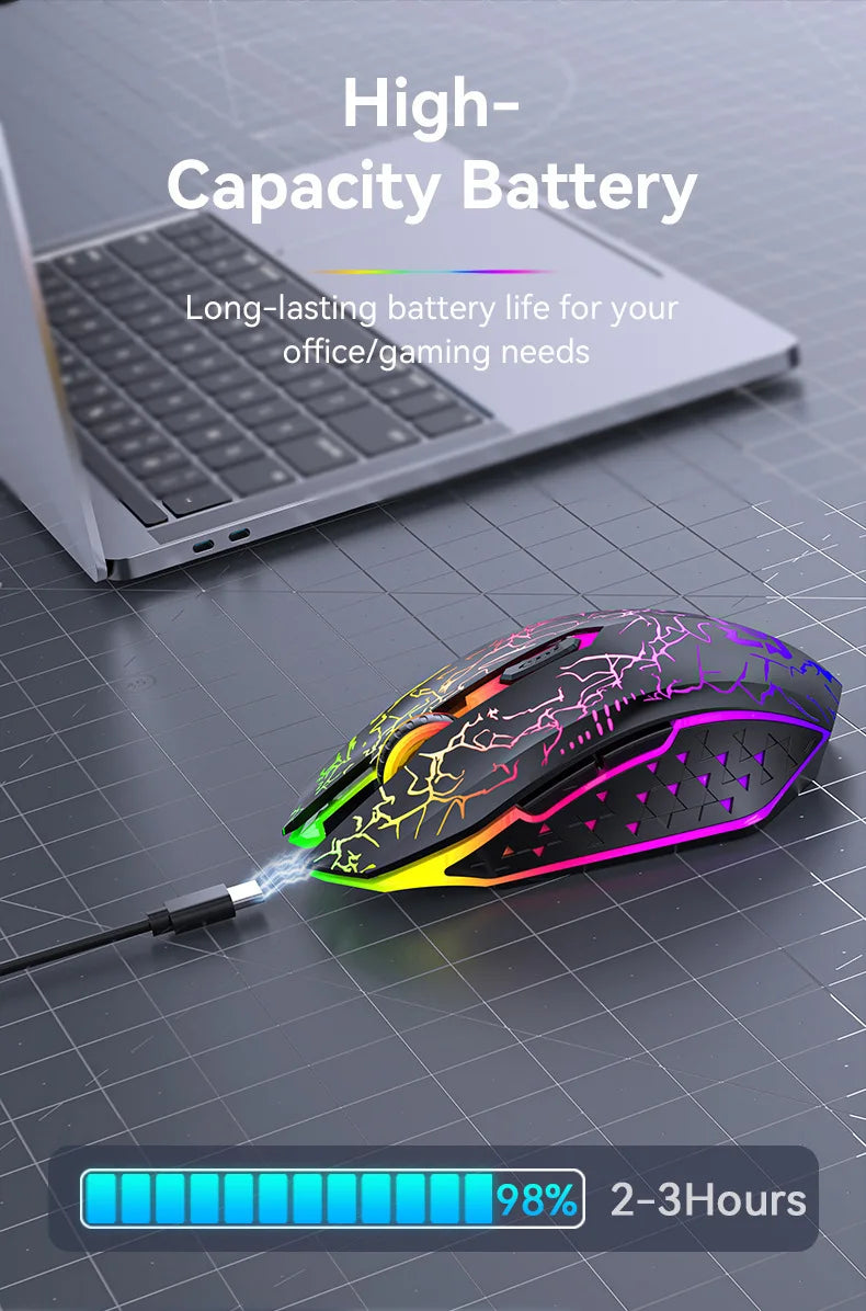 Rato sem fios Bluetooth 2.4GHz recarregável com retroiluminação RGB, 1600 DPI, design ergonómico, rato gaming para PC, portátil e MacBook