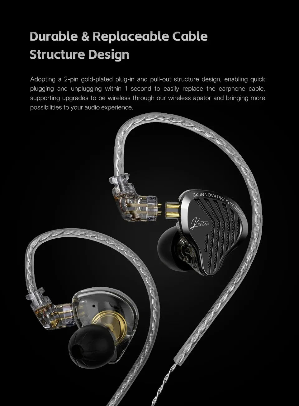 KZ GK Kunten HiFi IEM Earphones 1DD Dynamic Driver In-Ear Earbuds with 2-Pin Detachable Cable, Metal Audiophile Gaming Headset