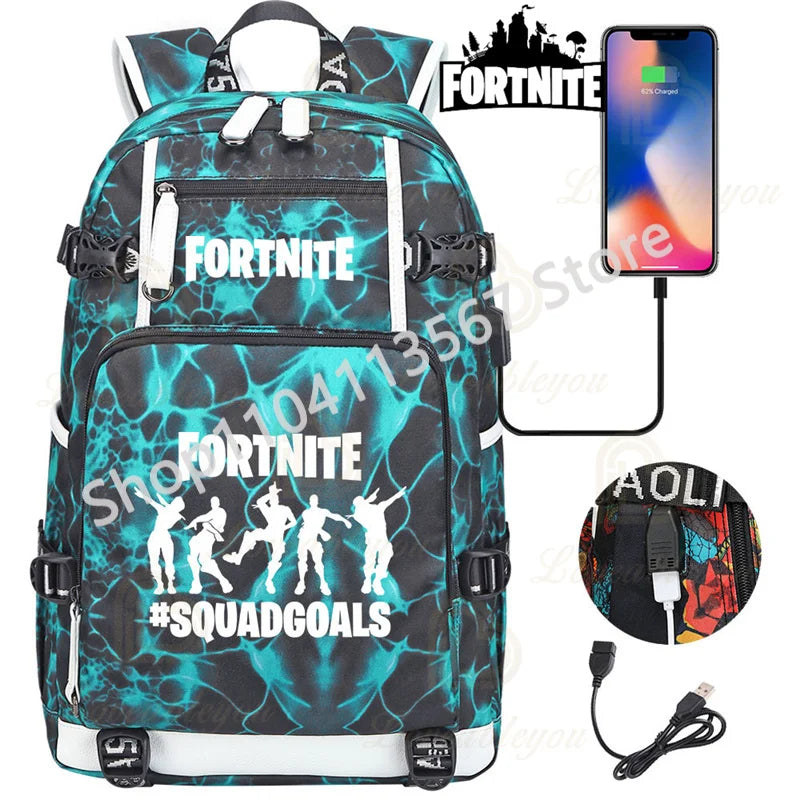 Yule Trooper F-Fortnited Battle Royale Rucksack mit USB-Ladeanschluss, Anime-Figuren, Lern- und Schreibwarenfach für Schüler