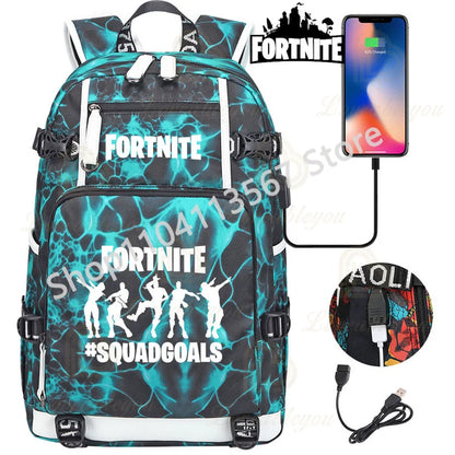 Yule Trooper F-Fortnited Battle Royale Rucksack mit USB-Ladeanschluss, Anime-Figuren, Lern- und Schreibwarenfach für Schüler