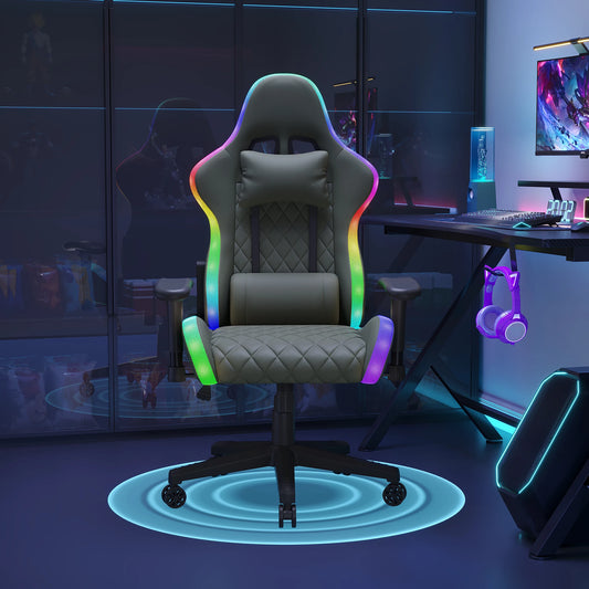 Ergonomic Gaming Chair with Massage Function, RGB LED Lights, Reclining Gaming Chair with Footrest, Adjustable Height PU Leather Office Gaming Chair