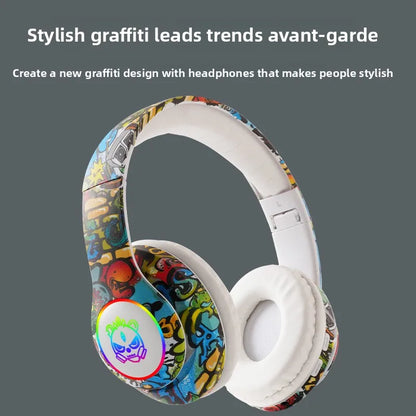 New Graffiti Wireless Bluetooth Gaming Headset LX-8686 with Mic, LED Light, TF Card Support, Deep Bass Over-Ear Headphones for PC, Gaming & Kids