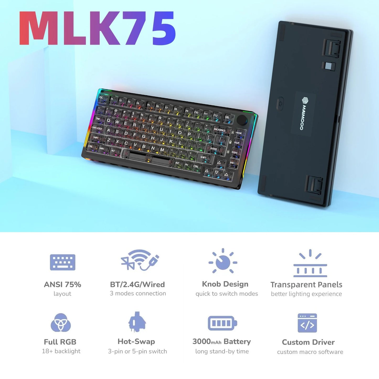 MAIMOOO KX75 75% Keyboard Kit Hotswap Transparent Full RGB Backlit 2.4GHz/ Bluetooth Macro Custom DIY Mechanical Keyboard