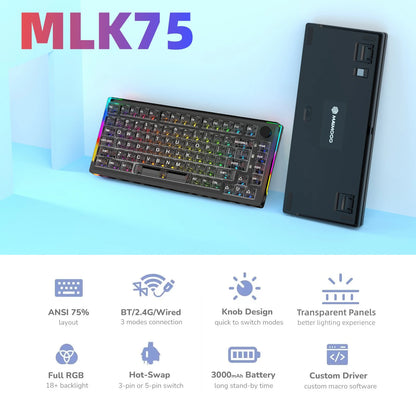 MAIMOOO KX75 75% Keyboard Kit Hotswap Transparent Full RGB Backlit 2.4GHz/ Bluetooth Macro Custom DIY Mechanical Keyboard