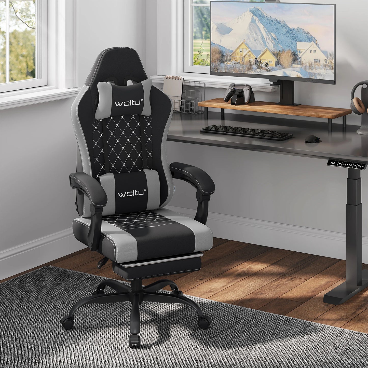 WOLTU snurrbar datorstol med massagefunktion, ergonomisk kontorsstol med kudde och fotstöd, höjdjusterbar gamingstol