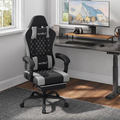 WOLTU snurrbar datorstol med massagefunktion, ergonomisk kontorsstol med kudde och fotstöd, höjdjusterbar gamingstol