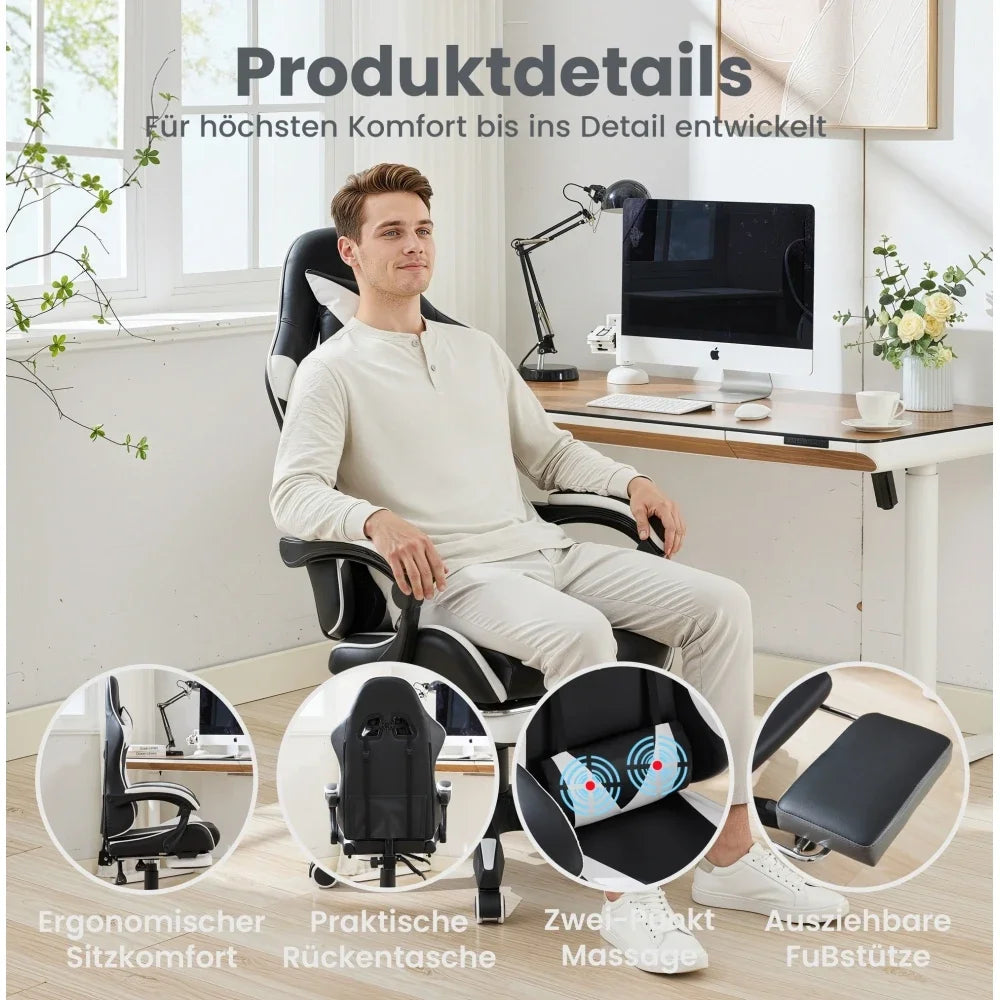 360° Swivel Ergonomic Racing Design Gaming Chair Leather High Back Office Chair Height Adjustable Task Chair, Black & White