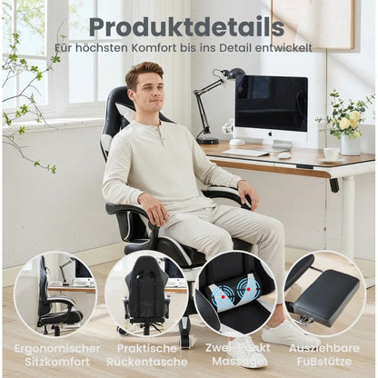 360° Swivel Ergonomic Racing Design Gaming Chair Leather High Back Office Chair Height Adjustable Task Chair, Black & White