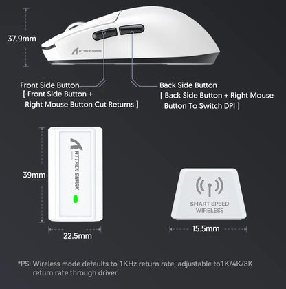 Attack Shark R6 Gaming-Maus 38g ultraleicht, PAW3950 8K Rückmelderate kabellos, Nordic 52840, 24000DPI, Tri-Mode