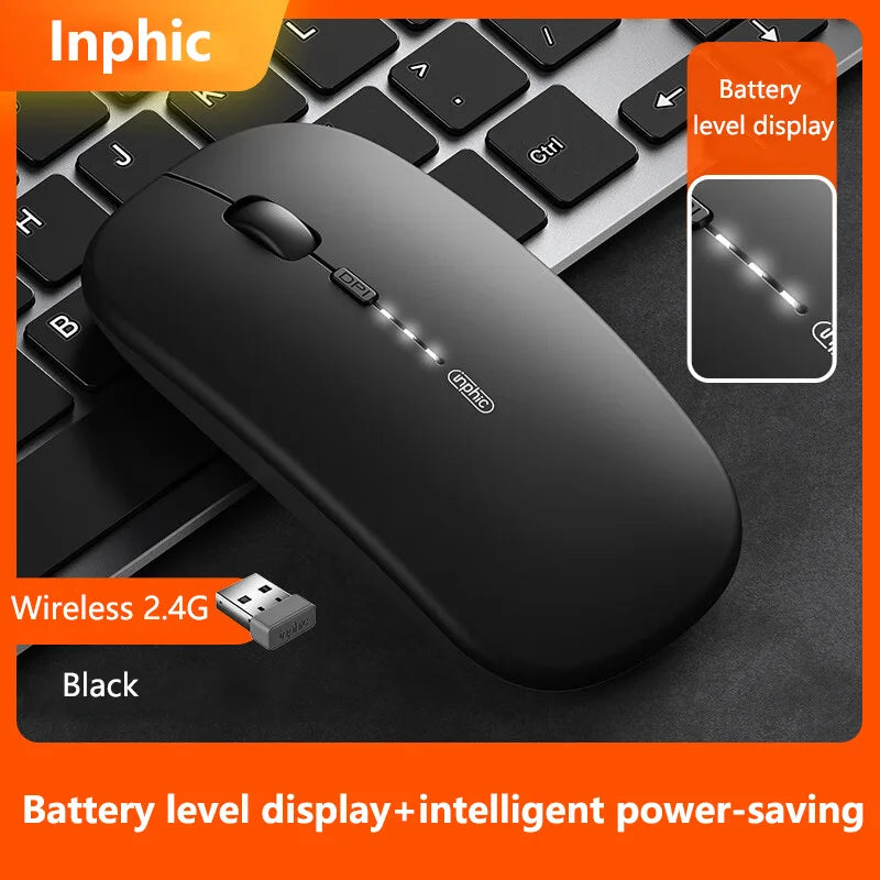 Inphic M1P Wireless Silent Mouse, Ultra-Thin Rechargeable 2.4G Office Mouse with USB Receiver, Type-C Charging, Battery Display & DPI Control