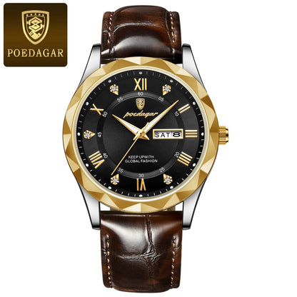 Relógio de homem POEDAGAR, modelo original de luxo: estanque, luminescente, com indicação da data e do dia. Relógio de quartzo com um estilo clássico e profissional, equipado com uma bracelete em pele.