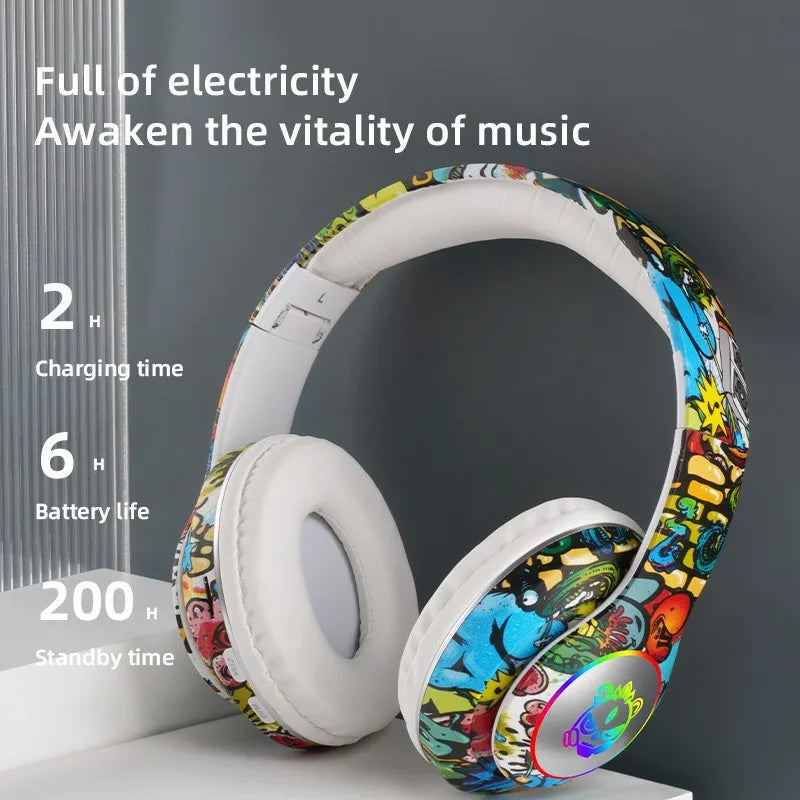 New Graffiti Wireless Bluetooth Gaming Headset LX-8686 with Mic, LED Light, TF Card Support, Deep Bass Over-Ear Headphones for PC, Gaming & Kids