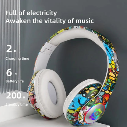 New Graffiti Wireless Bluetooth Gaming Headset LX-8686 with Mic, LED Light, TF Card Support, Deep Bass Over-Ear Headphones for PC, Gaming & Kids