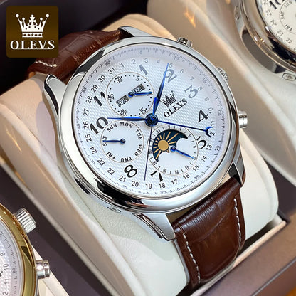 Montres pour hommes OLEVS 6667 avec phase de lune, 7 aiguilles, mécanisme automatique multifonction ; montre de luxe pour homme, idéale pour un style professionnel.