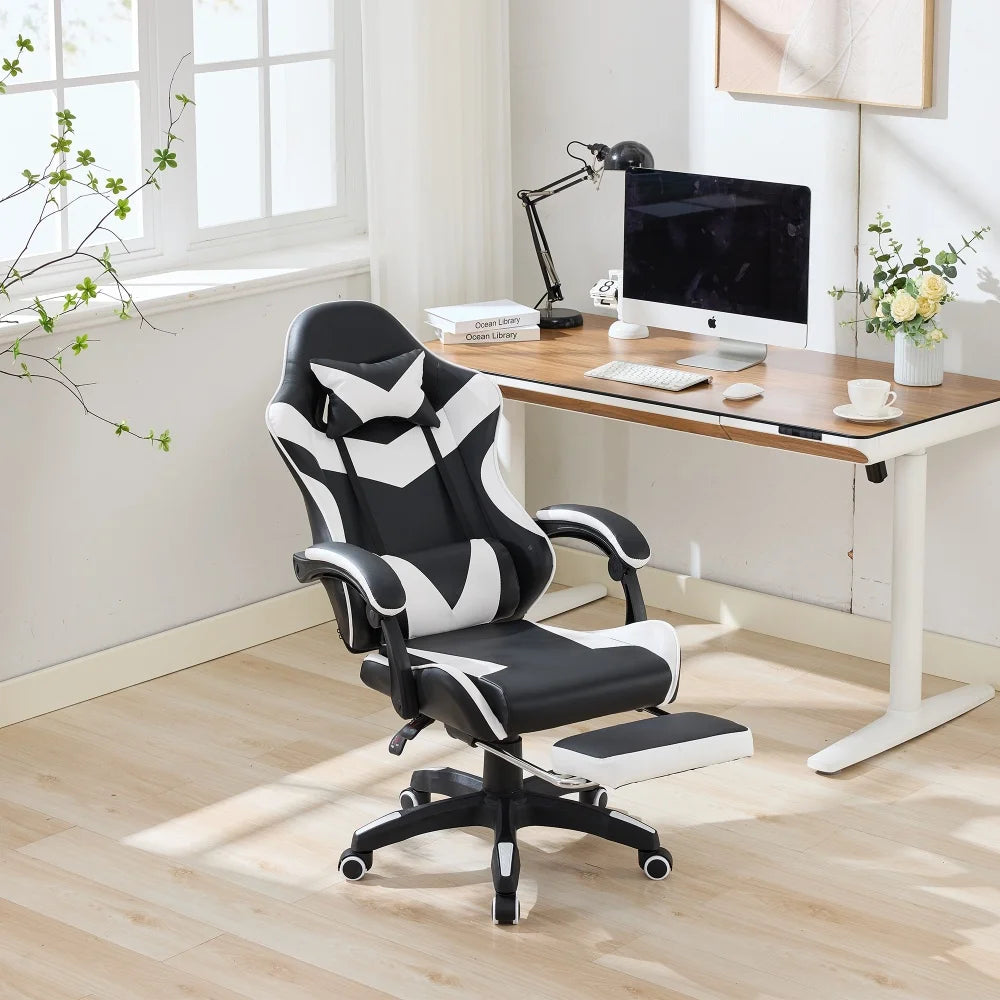 360° Swivel Ergonomic Racing Design Gaming Chair Leather High Back Office Chair Height Adjustable Task Chair, Black & White