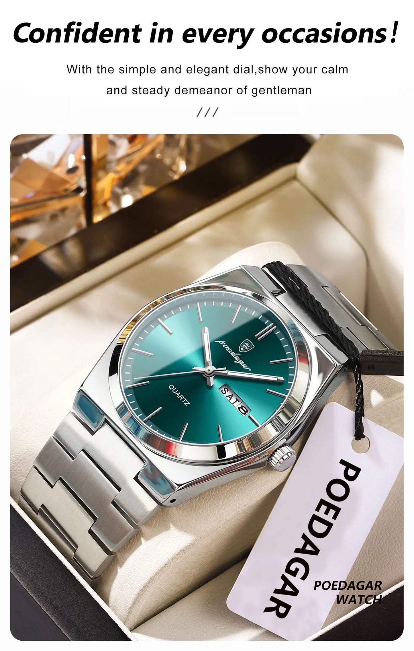 POEDAGAR Fashion Men Watch Waterproof Luminous Date Week Men's Watches Stainless Steel Functional Man Quartz Watch with Gift Box
