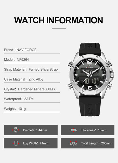 NAVIFORCE Men Quartz LCD Dual Display Watch With Silicone Strap 3ATM Waterproof Shockproof Night Light Round Case Sport Casual