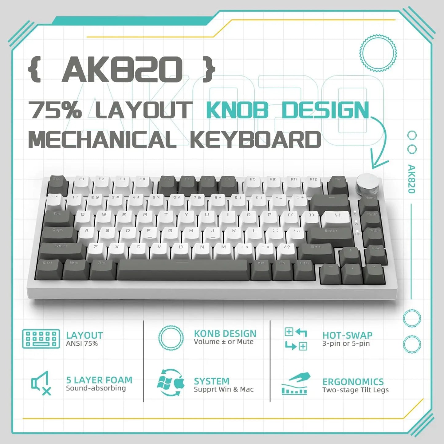 AJAZZ AK820 Wired Gaming Mechanical Keyboard RGB Backlight Hot-Swap Switches, 70% Compact Layout, PC/Mac Compatible