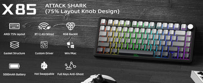 ATTACK SHARK X85 Tri-Mode Gasket Mechanical Keyboard 75% Wireless Hot Swappable RGB Gaming Keyboard with CNC Knob, 5-Layer Sound Dampening & NKRO