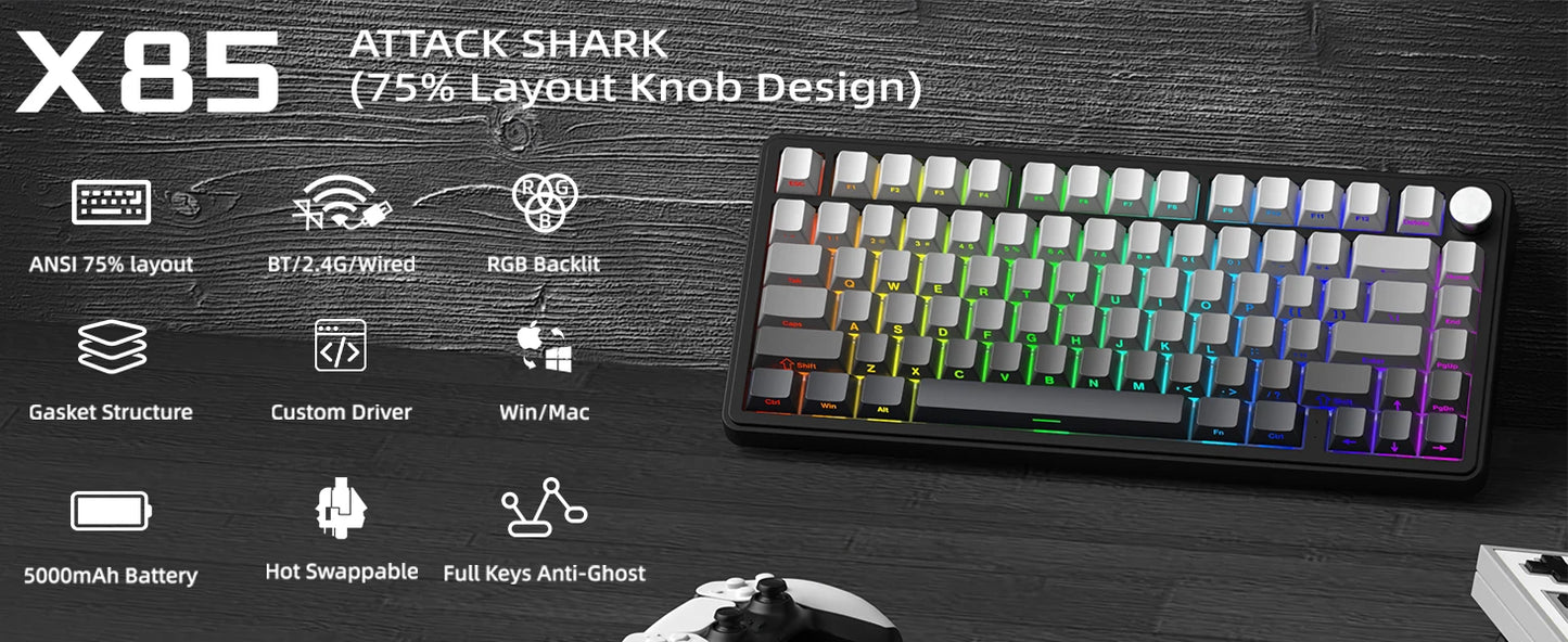 ATTACK SHARK X85 Tri-mode Gasket 75% Mechanical Keyboard with CNC Knob, 5-Layer Padding, Hot Swappable, RGB Backlight, NKRO