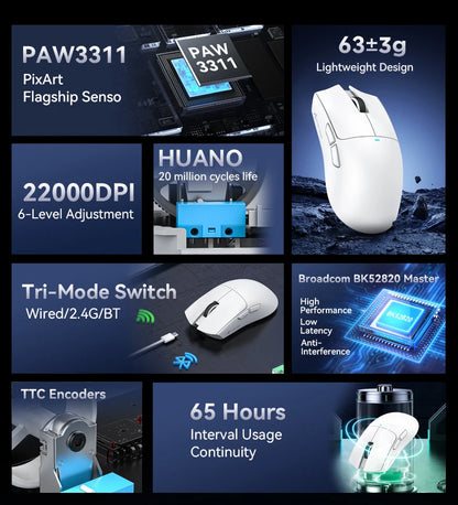 Bezdrôtová herná myš ATTACK SHARK X11SE, trojrežimové pripojenie, superľahká 63g s PAW3311 senzorom, 22000 DPI, 300mAh batéria, duálny ovládač