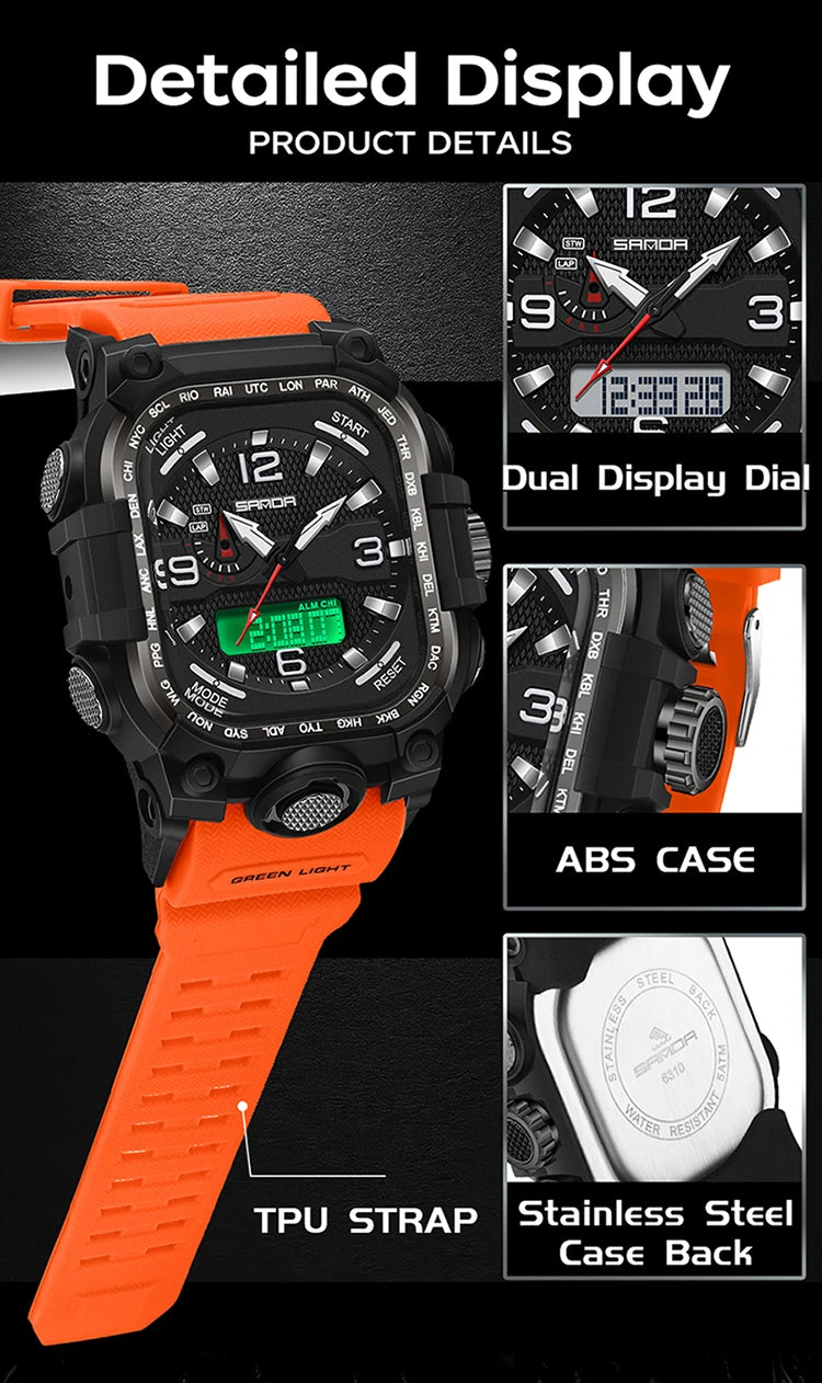 SANDA 6310 Men's Electronic Watch Multifunctional Luminous Alarm Clock Calendar Stopwatch Dual Display Digital Watches for Man