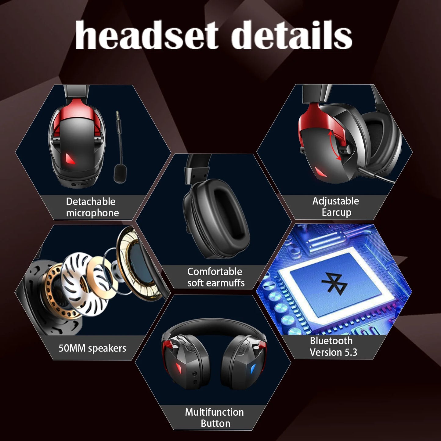 Wireless Gaming Headset with Detachable Noise Cancelling Microphone – Bluetooth 5.3, 2.4G Wireless & 3.5mm Wired Gaming Headphones for PC, PS5, PS4, Mobile