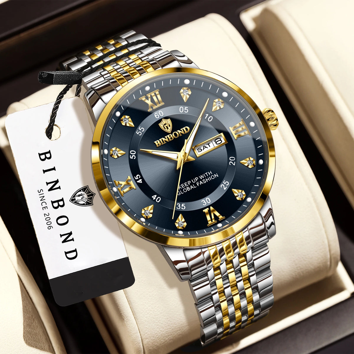 Orologio da polso al quarzo di lusso BINBOND da uomo – Impermeabile, luminescente, con indicazione del giorno della settimana – Stile business, sportivo, alla moda e casual